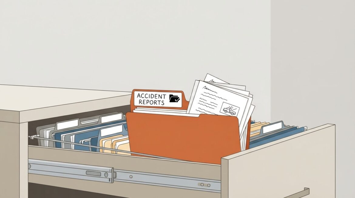 a labeled folder of accident paperwork in a filing drawer