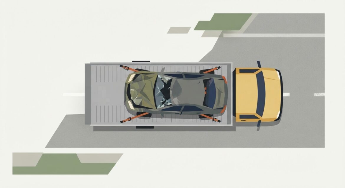 a damaged car on a tow truck flatbed