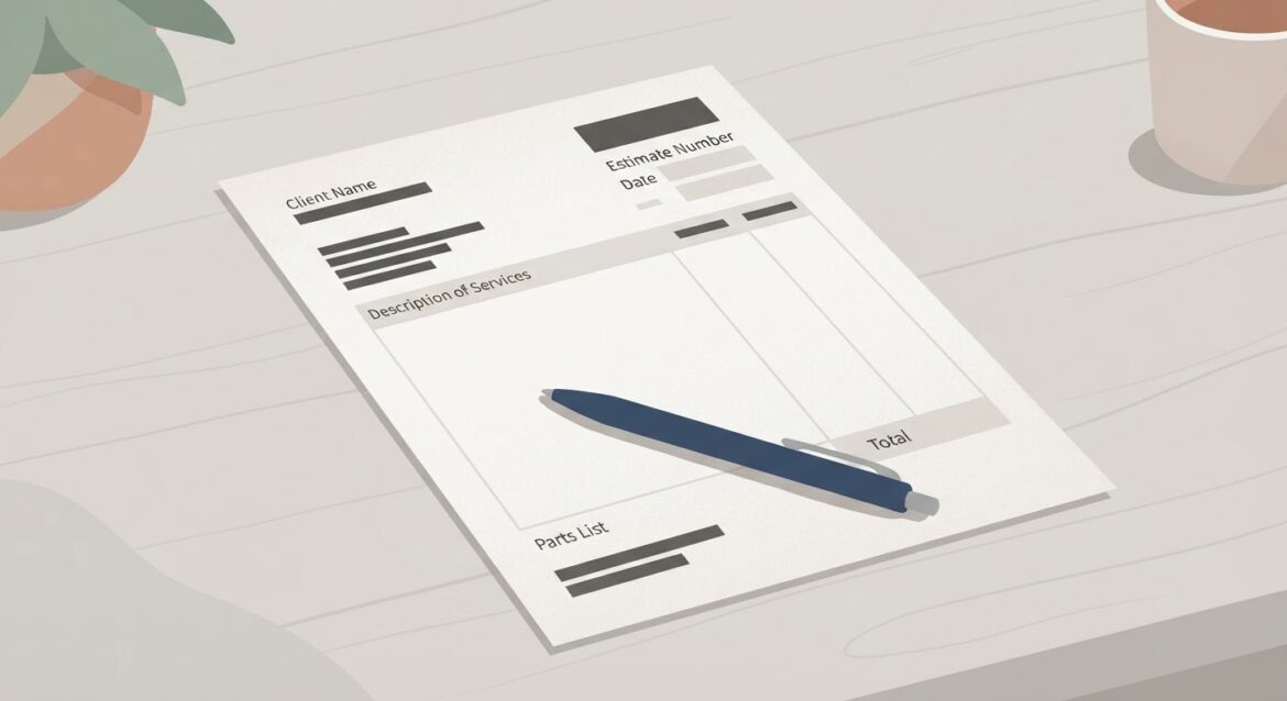 a printed repair estimate with a pen resting on it
