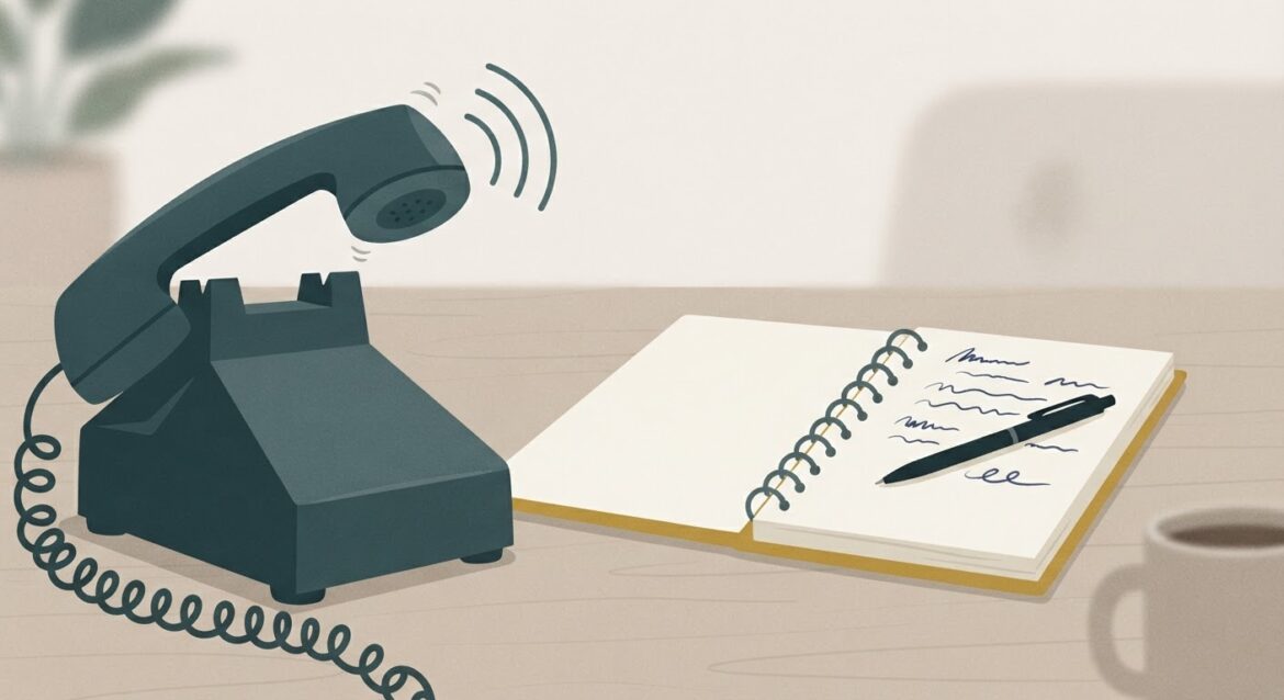 a desk phone ringing beside an open notebook