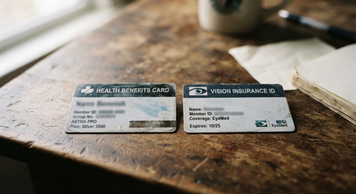two insurance ID cards side by side on a table