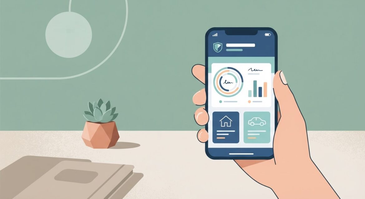 a hand holding a phone with an insurance company app open