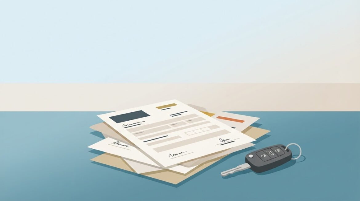 a stack of claim paperwork next to a car key