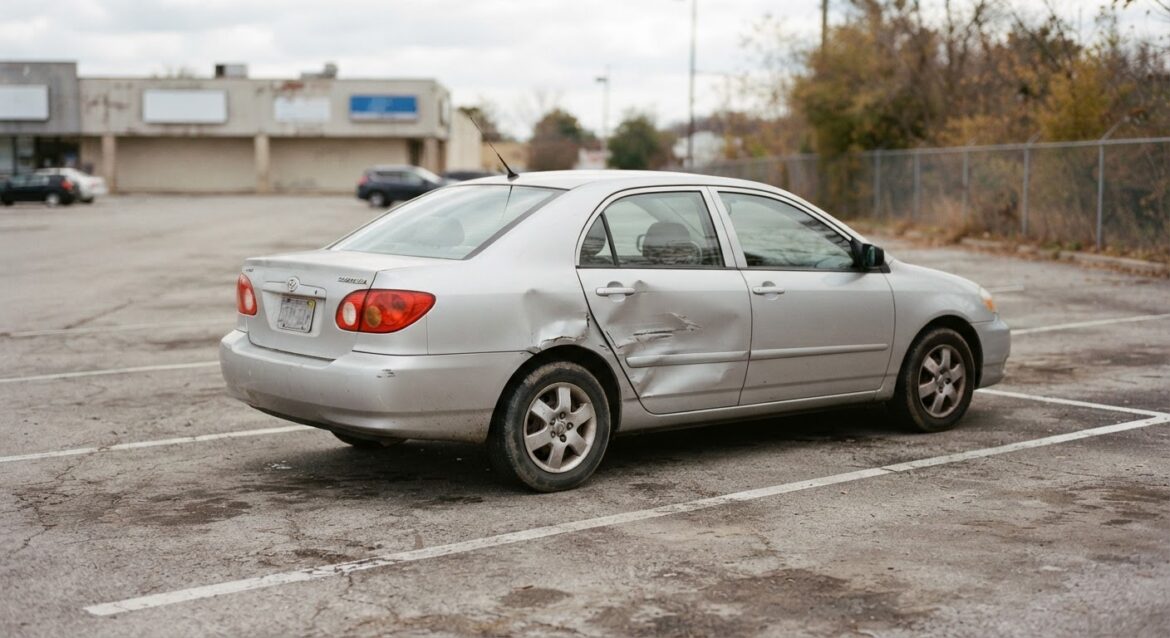 an empty parking lot with a car showing a fresh dent