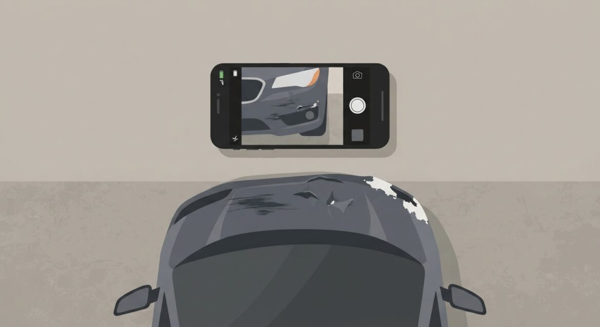 a smartphone camera photographing car bumper damage