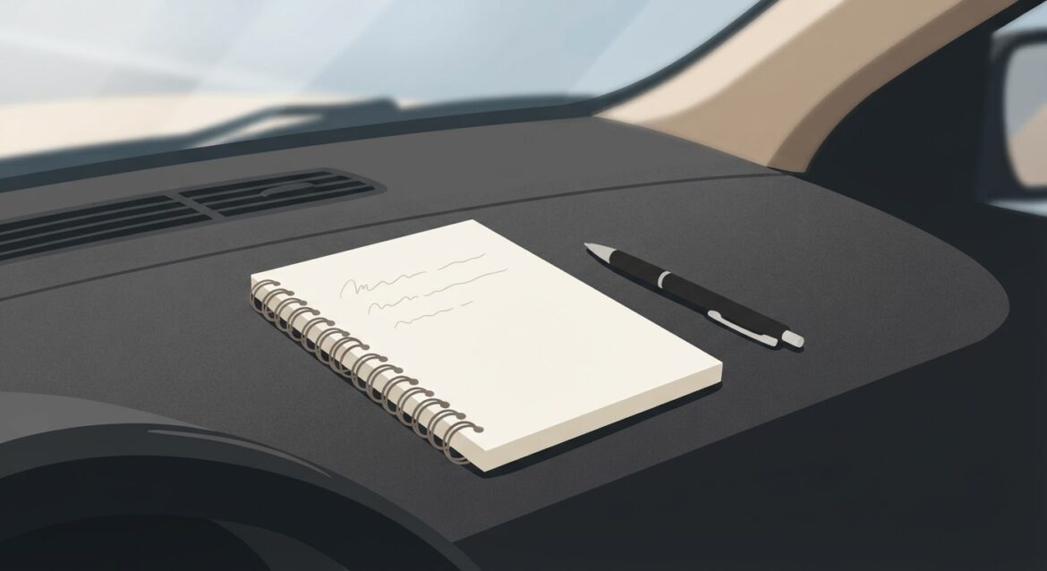 a notepad and pen resting on a car dashboard