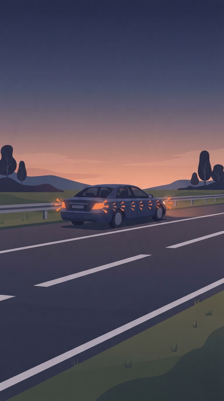 a car pulled onto the shoulder with hazard lights flashing at dusk